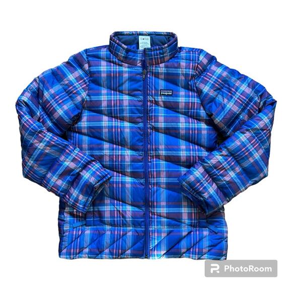 Patagonia Girls’ Down Jacket Plaid Blue Size 14 - Picture 1 of 14